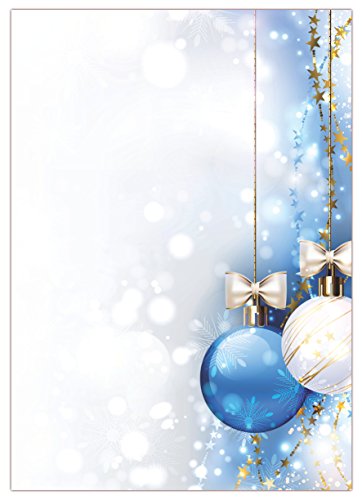 Motiv Briefpapier (Weihnachten-5050, DIN A4, 100 Blatt). Einseitig bedrucktes Briefpapier, sehr gut beschreibbar, für alle Drucker/Kopierer geeignet, Motivpapier mit weißer und blauer Kugel und goldenen Sternen Lametta Schneekristalle von LYSCO