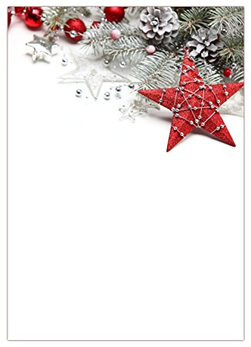 Motiv Briefpapier (Weihnachten-5053, DIN A4, 25 Blatt). Einseitig bedrucktes Briefpapier, sehr gut beschreibbar, für alle Drucker/Kopierer geeignet, Motivpapier mit rotem Stern Weihnachtskugeln, Tannenzapfen und Tannenzweigen von LYSCO
