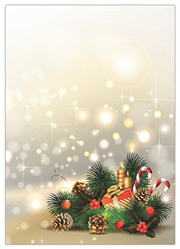 Motiv Briefpapier (Weihnachten-5054, DIN A4, 25 Blatt). Einseitig bedrucktes Briefpapier, sehr gut beschreibbar, für alle Drucker/Kopierer geeignet, Motivpapier mit Weihnachtsgesteck, Kerzen, Geschenk, Tannenzweige Tannenzapfen Misteln Kugeln Zuckerstangen goldene Sterne von LYSCO