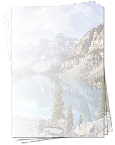 LYSCO® Motivpapier Briefpapier (Berge-5164, DIN A4, 25 Blatt) - Gebirgssee umgeben von gewaltigen Bergen, die sich in den blau-weiß umwölkten Himmel recken von LYSCO