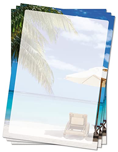 Motivpapier Briefpapier (Strand-5069, DIN A4 100 Blatt) Sandstrand mit Palmen Liegestuhl und Sonnenschirm am blauen Ozean in der Karibik von LYSCO