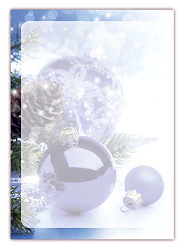Motivpapier Briefpapier (Weihnachten-5178, DIN A4, 100 Blatt) - Weihnachtspapier blaue Weihnachtskugeln auf Schnee im Tannengrün mit Zapfen von LYSCO
