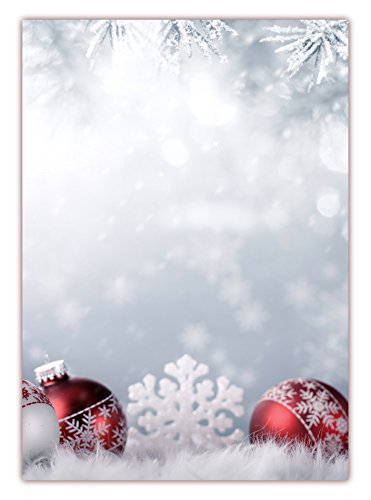 Motivpapier Briefpapier (Weihnachten-5179, DIN A4, 100 Blatt) - Weihnachtspapier rote Weihnachtskugeln im Schnee von LYSCO