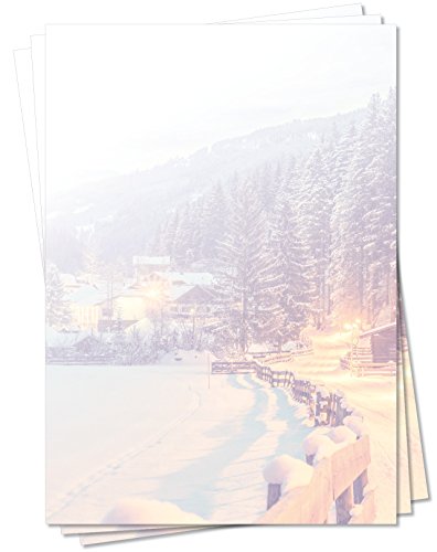 Motivpapier Briefpapier (Winter-5038, DIN A4, 100 Blatt) - tiefverschneite Winterlandschaft mit Bäumen und einem kleinen Teil einer idyllischen Ortschaft mit schneebedeckten Häusern von LYSCO