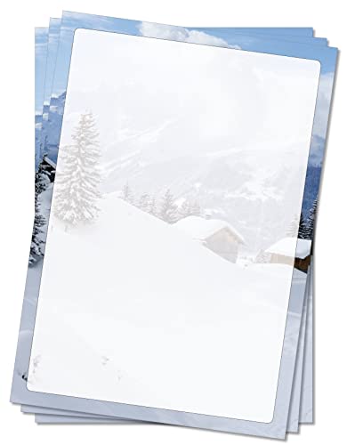 Motivpapier Briefpapier (Winter-5049, DIN A4 25 Blatt) tief verschneite Winterlandschaft im Gebirge mit Almhütte und schneebedeckten Bäumen von LYSCO
