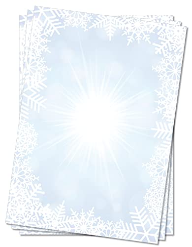 LYSCO Motivpapier Briefpapier (DIN A4, 100 Blatt) Eiskristalle Schnee Sterne Sonne blau weiß von LYSCO