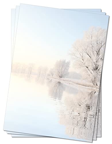 Motivpapier Briefpapier (Wintersee-5061, DIN A4 25 Blatt) See im Winter mit am Ufer stehenden verschneiten Bäumen von LYSCO