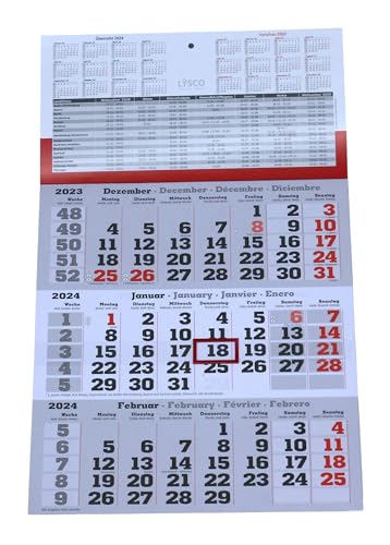 Plano 3 Monats Wandkalender 2024 mit Datumschieber in Rot, inkl. Ferienübersichten und Jahresüberblick 2024 und 2025, Dreimonatskalender werbefrei, 3 Monatskalender keine Werbung von LYSCO