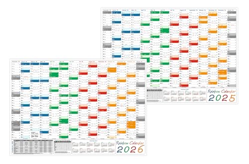 Rainbow Wandkalender Wandplaner 2025 + 2026 gefaltet DIN A2 Format (420 x 594 mm) mit 14 Monaten von LYSCO