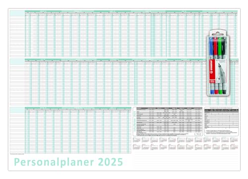 Urlaubsplaner/Personalplaner 2025 DIN B2 nass abwischbar inkl. Stifteset Format (500 x 700 mm) für bis zu 22 Mitarbeiter Januar Kalenderjahr bis März Folgejahr mit Schulferien (gerollt!) von LYSCO