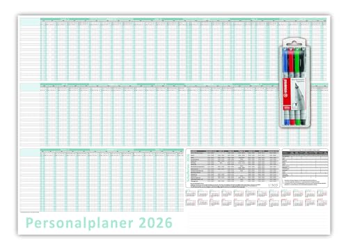 Urlaubsplaner/Personalplaner 2026 nass abwischbar mit Folienkaschierung inkl. Stifteset - DIN B1 Format (1000 x 700 mm) 22 Mitarbeiter Januar bis März Folgejahr mit Schulferien (gerollt!) von LYSCO