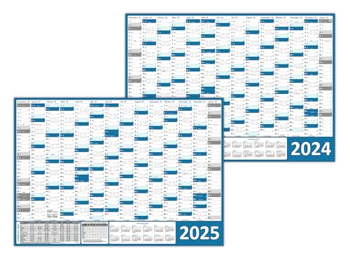 Wandkalender/Wandplaner 2024 + 2025 (blau) gerollt DIN A0 Format (841 x 1189 mm) 14 Monate, komplette Jahresvorschau Folgejahr und Ferientermine/Feiertage aller Bundesländer von LYSCO