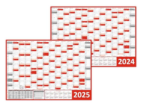 Wandkalender/Wandplaner 2024 + 2025 (rot) gerollt DIN A0 Format (841 x 1189 mm) 14 Monate, komplette Jahresvorschau Folgejahr und Ferientermine/Feiertage aller Bundesländer von LYSCO