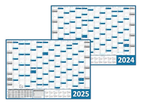 Wandkalender/Wandplaner 2024 + 2025 blau (gerollt) DIN A1 Format (594 x 841 mm) 14 Monate, komplette Jahresvorschau Folgejahr und Ferientermine/Feiertage aller Bundesländer von LYSCO