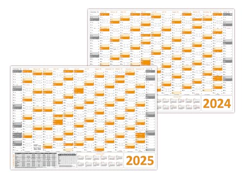Wandkalender/Wandplaner 2024 + 2025 orange (gerollt) DIN A1 Format (594 x 841 mm) 14 Monate, komplette Jahresvorschau Folgejahr und Ferientermine/Feiertage aller Bundesländer von LYSCO