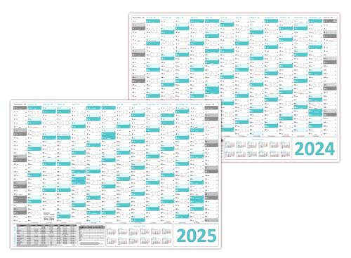 Wandkalender/Wandplaner 2024 + 2025 türkis (gerollt) DIN A1 Format (594 x 841 mm) 14 Monate, komplette Jahresvorschau Folgejahr und Ferientermine/Feiertage aller Bundesländer von LYSCO