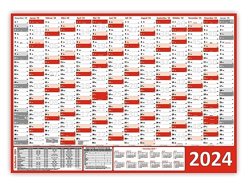 Wandkalender/Wandplaner 2024 rot (gerollt) DIN A0 Format (841 x 1189 mm) 14 Monate, komplette Jahresvorschau Folgejahr und Ferientermine/Feiertage aller Bundesländer von LYSCO