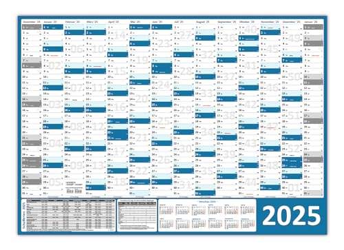 Wandkalender/Wandplaner 2025 (blau) gerollt DIN A0 Format (841 x 1189 mm) 14 Monate, komplette Jahresvorschau Folgejahr und Ferientermine/Feiertage aller Bundesländer von LYSCO