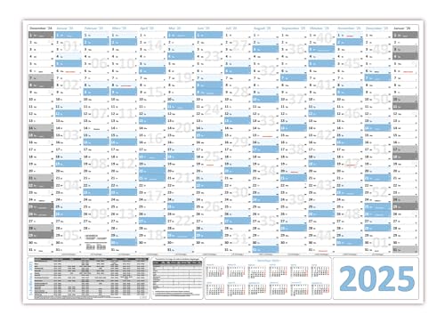 Wandkalender/Wandplaner 2025 (hellblau) gerollt DIN A0 Format (841 x 1189 mm) 14 Monate, komplette Jahresvorschau Folgejahr und Ferientermine/Feiertage aller Bundesländer von LYSCO