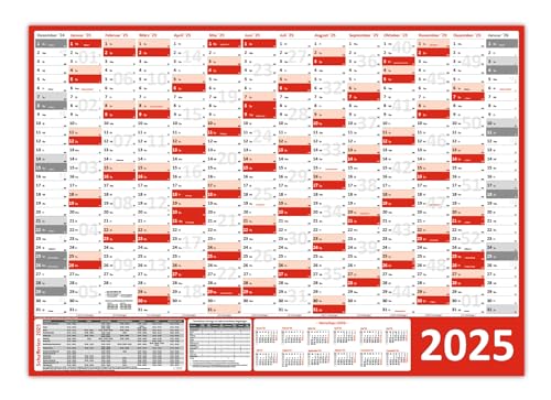 Wandkalender/Wandplaner 2025 (rot) gerollt DIN A0 Format (841 x 1189 mm) 14 Monate, komplette Jahresvorschau Folgejahr und Ferientermine/Feiertage aller Bundesländer von LYSCO