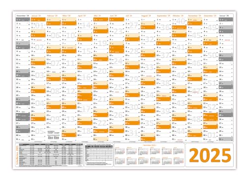 Wandkalender/Wandplaner 2025 orange (gerollt) DIN A1 Format (594 x 841 mm) 14 Monate, komplette Jahresvorschau Folgejahr und Ferientermine/Feiertage aller Bundesländer von LYSCO