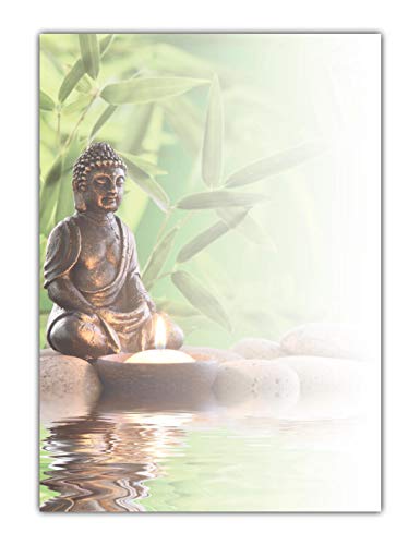 Wellness Motiv Briefpapier (MPA-5218, DIN A4, 100 Blatt) Motivpapier Feng Shui Buddha mit Bambus, Steinen und brennender Kerze am Wasser von LYSCO