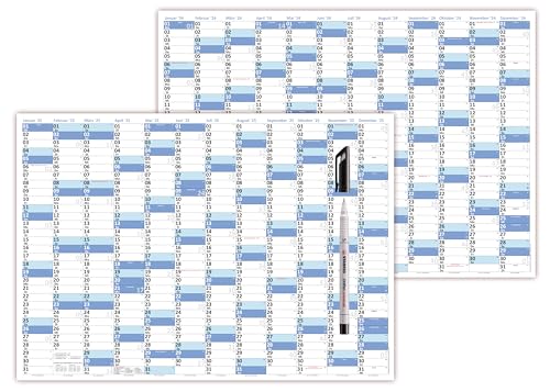 XL Wandkalender DIN A1 2024 + 2025 blau, nass abwischbar plus Folienstift Format 84 x 59cm Jahresplaner Wandplaner gerollt von LYSCO