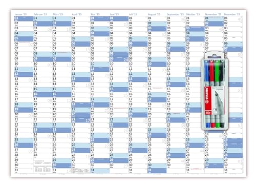 XL Wandkalender DIN A1 2025 blau, nass abwischbar inkl. Stifteset Format 84 x 59cm Jahresplaner Wandplaner gerollt von LYSCO