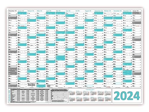 XL Wandkalender Wandplaner 2024 (türkis) gerollt DIN A1 Format (841 x 594 mm) mit 14 Monaten, kompletter Jahresvorschau Folgejahr und Ferientermine Feiertage aller Bundesländer von LYSCO