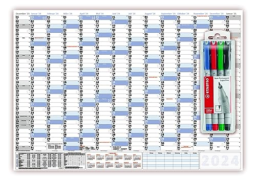 XXL Wandkalender DIN B1 2024 blau inkl. Stifteset, nass abwischbar Format 100 x 70cm Jahresplaner Wandplaner gerollt von LYSCO