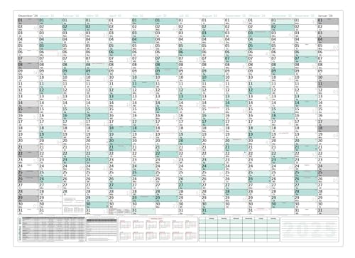 XXXL Wandkalender 2025 - Sehr groß im DIN B0 Format (1,4 x 1,0 m) mit extra großen Tageskästchen, Schulferien, Jahresvorschau Folgejahr (gerollt) Farbe türkis von LYSCO