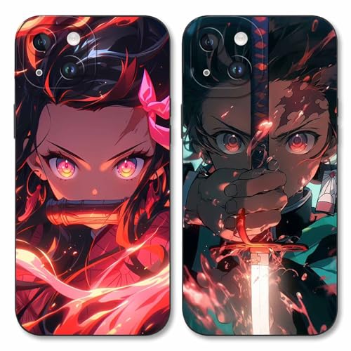 2 Stück Handyhülle für Apple iPhone 14 Plus Hülle 6.7'', Anime Motiv Demon Slayer Kamado Nezuko Tanjirou Manga Muster Schutzhülle Jungs Case Schutz der Linse Design Silikon Cover Stoßfest, Schwarz1 von LYUBFDC