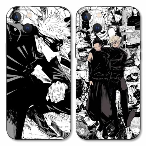 2 Stück Handyhülle für Apple iPhone 15 Hülle 6.1'', Anime Motiv Jujutsu Kaisen Gojo Satoru Itadori Yuji Manga Muster Schutzhülle Jungs Case Schutz der Linse Design Silikon Cover Stoßfest, Schwarz1 von LYUBFDC