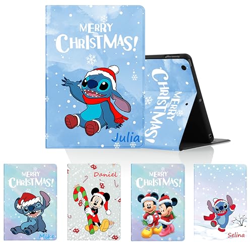Personalisierte Hülle für iPad 9,7" 6./5. Generation 2018/2017, Weihnachten Schutzhülle mit Cute Anime Stitch Text Customized Case PU Leder Flip Tablet Folio für Junge Mädchen von LYUBFDC