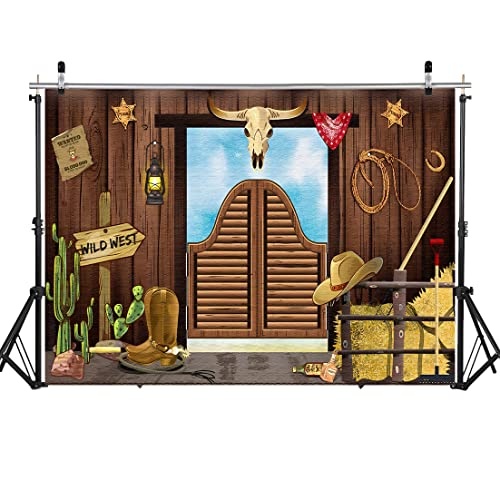 LYWYGG 7x5FT Vinyl Fotohintergrund Cowboy Versammlung Stamm Kaktus Stiefel Reis Heuhaufen Dekoration Wild West Fotografie Hintergrund Baby Bad Studio Hintergrund CP-442 von LYWYGG