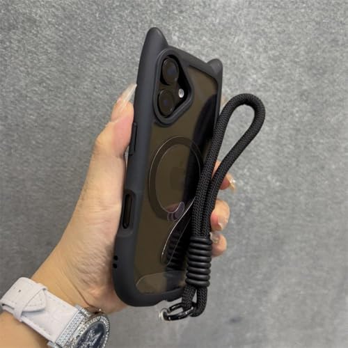 LYWZDZQ 3D-Katzenohr-Süßes Lanyard, magnetische transparente Hülle für iPhone 16 15 14 13 12 Pro Max Plus 13 Mini 11 Armband, durchsichtige Abdeckung, Schwarz GS, für iPhone 12 Pro von LYWZDZQ