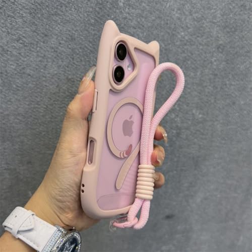 LYWZDZQ 3D-Katzenohr-Süßes Lanyard, magnetische transparente Hülle für iPhone 16 15 14 13 12 Pro Max Plus 13 Mini 11 Armband, transparente Abdeckung, Pink GS, für iPhone 15 Pro von LYWZDZQ