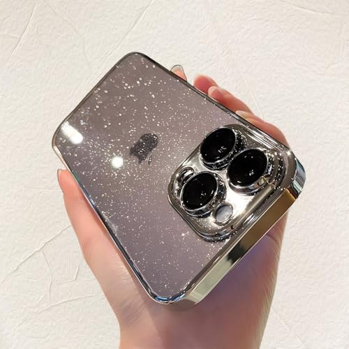 LYWZDZQ Luxuriöse, durchsichtige, galvanisierte Glitzerhüllen für iPhone 12 13 14 15 16 Pro Max 15Plus, plattierte, transparente Hülle, stoßfeste Hartschale, Silber, für iPhone 15 von LYWZDZQ