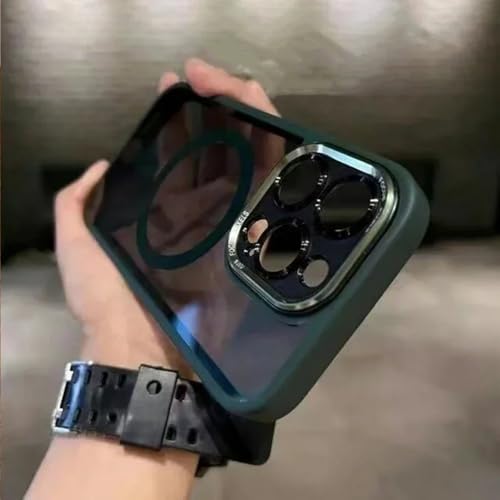 LYWZDZQ Luxuriöse magnetische Metalllinsen-Stoßstangenschutzhülle für iPhone 16 15 14 13 12 11 Pro Max Plus Acryl-Transluzenzabdeckung, Dunkelgrün, Für iPhone 12 ProMax von LYWZDZQ