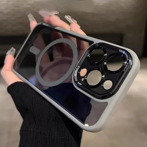LYWZDZQ Luxuriöse magnetische Metalllinsen-Stoßstangenschutzhülle für iPhone 16 15 14 13 12 11 Pro Max Plus Acryl-Transluzenzabdeckung, grau, für iPhone 15 Plus von LYWZDZQ