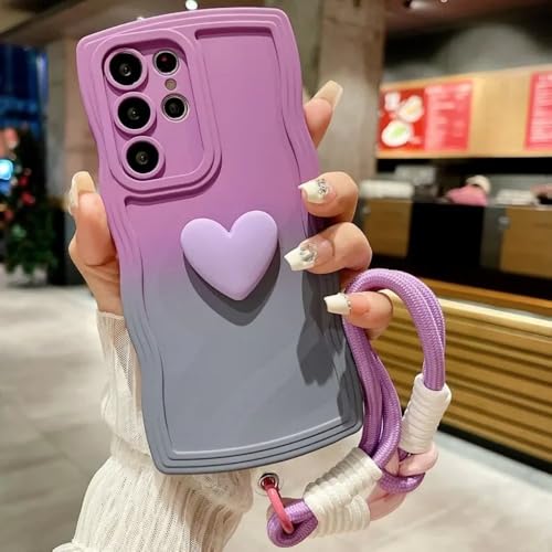 Schutzhülle mit Handgelenksschlaufe und Herz-Farbverlauf für Samsung Galaxy S25 Ultra S24 FE S23 S21 S20 S22 Plus Note 20 A55 A535 A25 A15 5G A05s, Lila-Grau, Galaxy A55 5G von LYWZDZQ