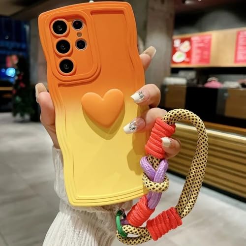 Schutzhülle mit Handgelenksschlaufe und Love Heart Gradient für Samsung Galaxy S25 Ultra S24 FE S23 S21 S20 S22 Plus Note 20 A55 A535 A25 A15 5G A05s, orange gelb, Galaxy S22 Plus von LYWZDZQ