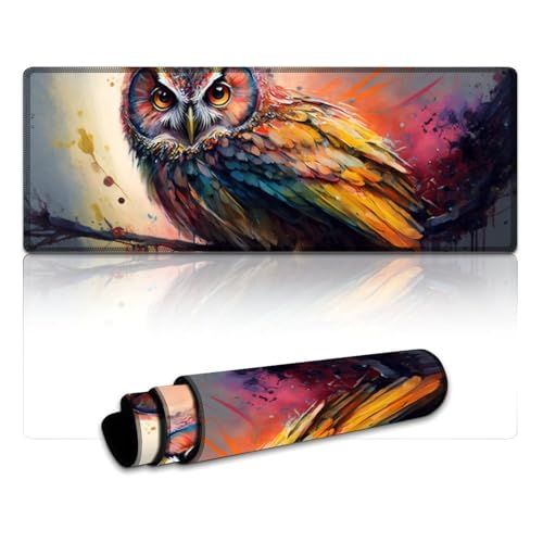 Art Owl Mousepad, genähte Kanten, Mauspad (30 x 80 x 0,3 cm), großes Schreibtischpad, rutschfeste Gummiunterseite, weich und langlebig, für Büro- und Heimcomputer von LYXIANY