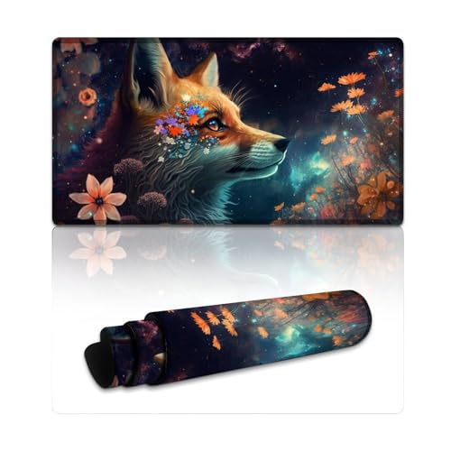 Computer-Mauspad, Cosmic Fantasy Fox, genähte Kanten, Mauspad, Schreibtischunterlage, weiche gesäumte Kanten, rutschfeste Unterseite (40 x 75 x 0,3 cm) von LYXIANY