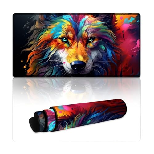 Computer-Mauspad, buntes Gekritzel, Wolf-Art, erweitertes L-Mauspad, Schreibtischunterlage mit Rutschfester Unterseite aus Naturkautschuk für Gamer/Desktop/Büro/Zuhause (30 x 60 x 0,3 cm) von LYXIANY