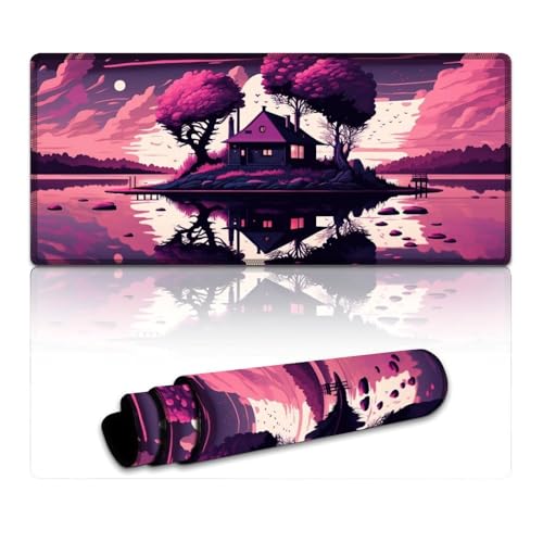 Computer-Mauspad mit See-Insel-Haus, extragroßes Mauspad (40 x 90 x 0,3 cm), Tastatur-Schreibtischmatte mit genähten Kanten, für Home-Office-Gaming-Arbeit von LYXIANY
