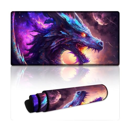 Gaming-Mauspad, Cosmic Dragon, wasserdichtes Mauspad, Mäusepad mit Rutschfester Unterseite und genähtem Rand für Gaming-Büroarbeiten (30 x 60 x 0,3 cm) von LYXIANY