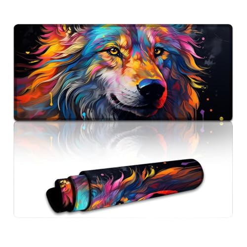 Großes Gaming-Mauspad mit farbenfrohem Doodle-Wolf-Art-Motiv, waschbar, Mauspad, Tischunterlage, ideal für Büro, Gaming und Zuhause (40 x 90 x 0,3 cm) von LYXIANY