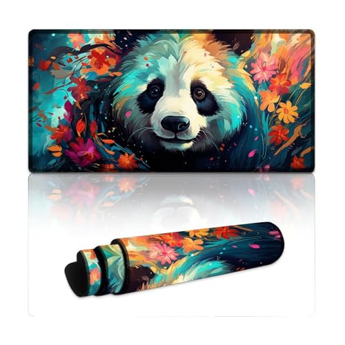Großes Mauspad, Farbzeichnung eines Fantasy-Pandas, Mauspad mit genähten Kanten, Tischunterlage für Computer und Laptop, Büro, rutschfeste Unterseite (30 x 60 x 0,3 cm) von LYXIANY