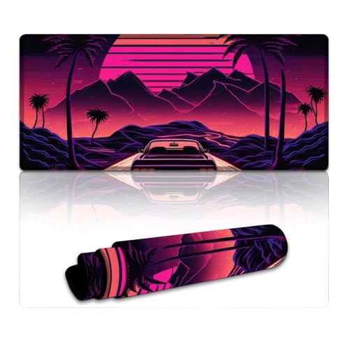 Großes Mauspad, Neon-Retro-Sportwagen, XXXL-Mauspad (40 x 90 x 0,3 cm), Tastatur-Schreibtischunterlage, genähte Kanten, glatte Oberfläche für Geschwindigkeit und Kontrolle, rutschfeste Unterseite von LYXIANY